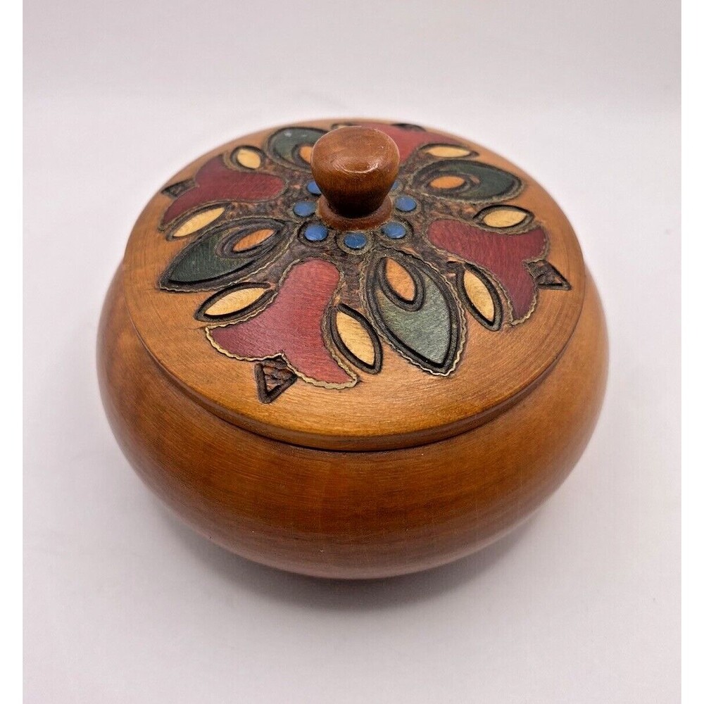 Round Hand Carved Wooden Painted Trinket Box Used